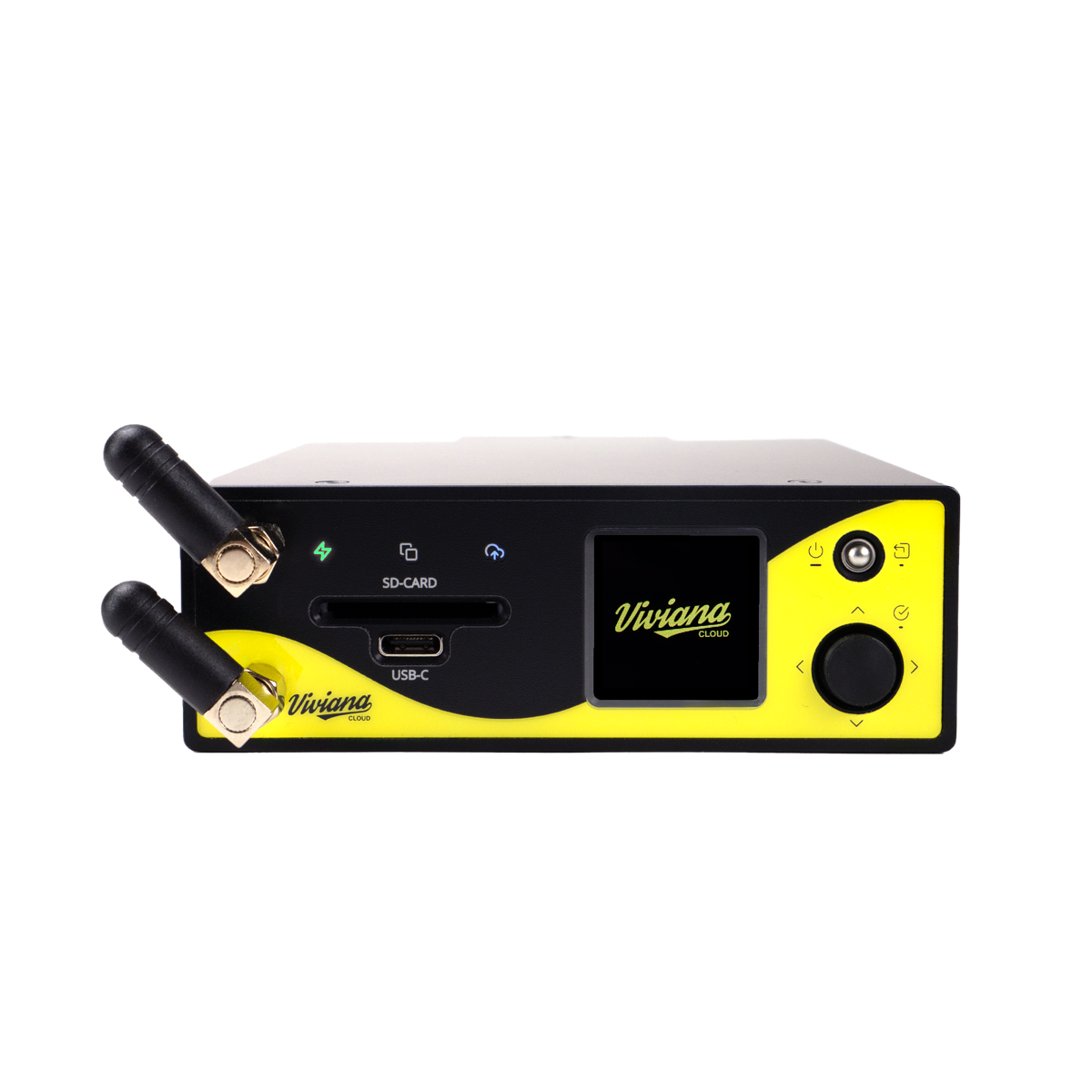The yellow Viviana Cloud device with SD-card slot, USB-C, OLED display and control dial