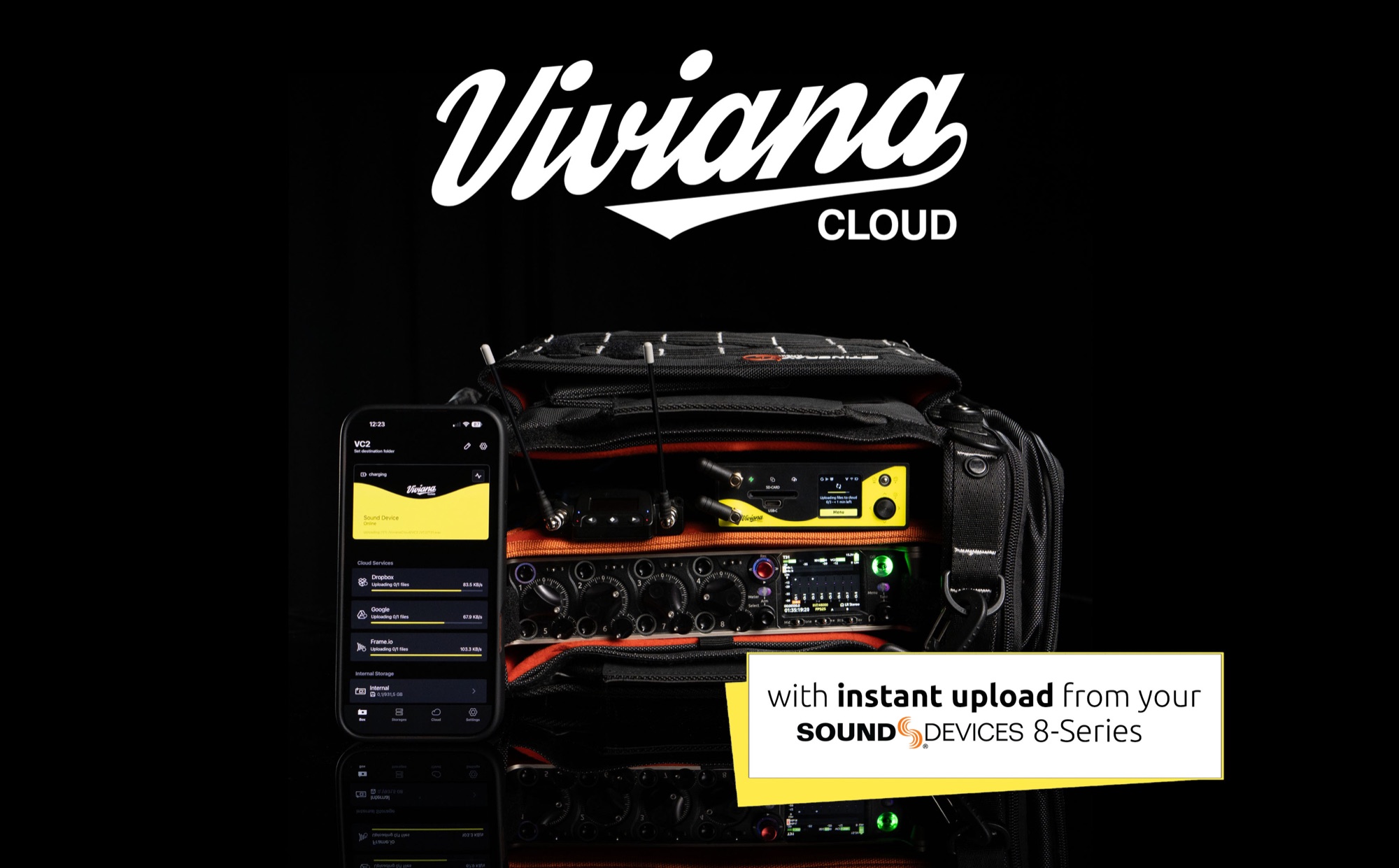 Viviana Cloud device in a sound bag with a Sound Devices 8-Series recorder and the companion app